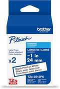 Brother Genuine P-Touch TZe 2-Pack Black Print on White Label Tapes (TZe2512PK), Laminated,1in x 26.2ft (24mm x 8m) Each, for Select P-Touch Label Makers, Durable, Water-Resistant, Indoor/Outdoor Use