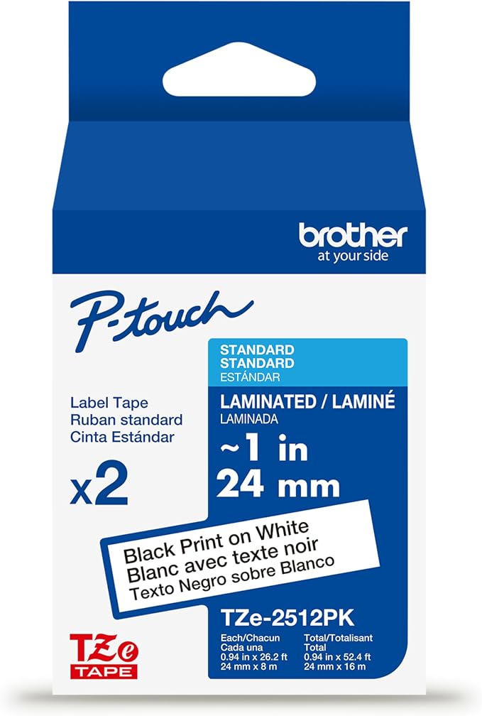 Brother Genuine P-Touch TZe 2-Pack Black Print on White Label Tapes (TZe2512PK), Laminated,1in x 26.2ft (24mm x 8m) Each, for Select P-Touch Label Makers, Durable, Water-Resistant, Indoor/Outdoor Use
