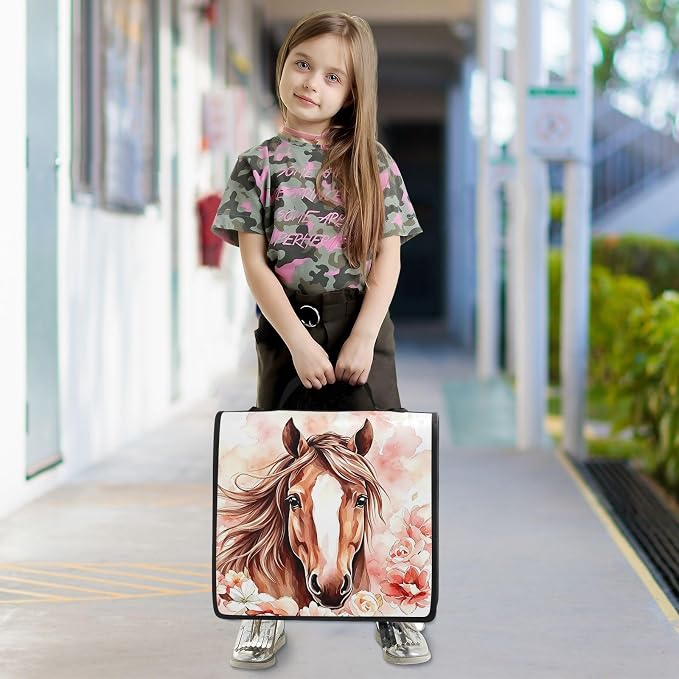 Custom Brown Horse Watercolor Flower 3 Ring Binder Bag 1.5 inch Personalized Name Binder Organizer 500 Sheet Documents Storage for School Office