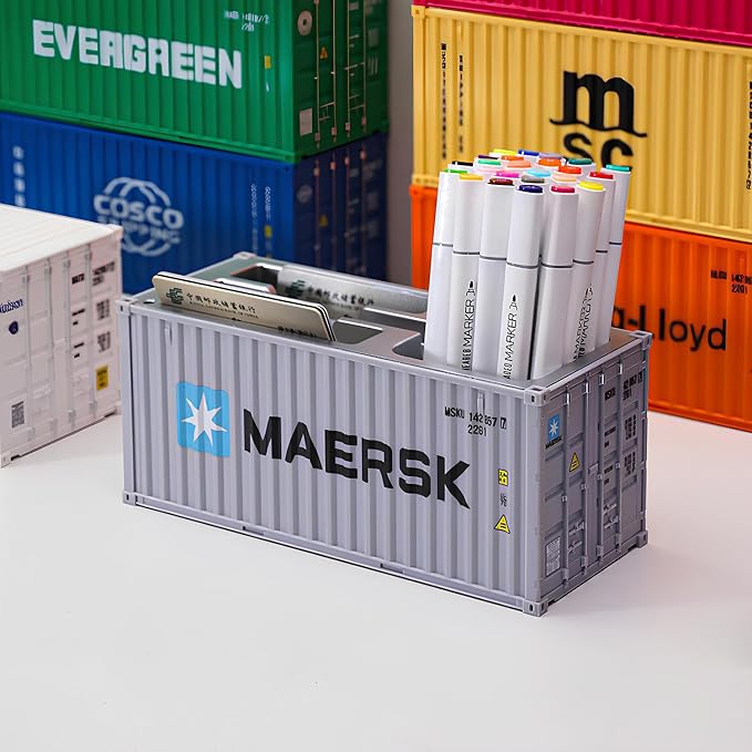 Desk Organizer, Pen Pencil Holder, Business Name Cards Holder, Shipping Container Model Storage Box, Secret Storage Box with Multiple Compartments Office Supplies Multi-function (MAERSK)
