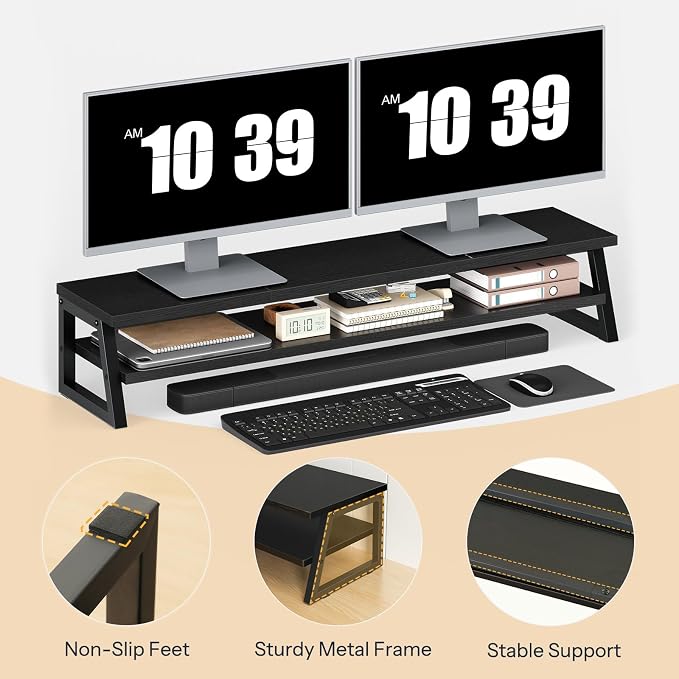 HOOBRO 2-Tier Dual Monitor Stand Riser, 39 Inch Large Computer Monitor Stand for 2 Monitors, Computer Monitor Riser, Desk Shelf Organizer for Office Desk, Accessories, Black BB122CJ01