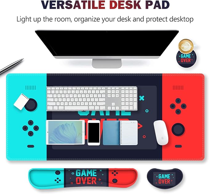 Large Gaming Mouse Pad, Keyboard Wrist Rest Pad & Wrist Support Mousepad Set, Stitched Edge, Extended, Non-Slip Base, Memory Foam Desk Mat, Green Red Game Console