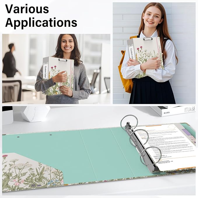 3 Ring Binder 3 Inch Round Ring Binder with 6 Tab Dividers，2 Interior Pockets，Cute Binder Clipboard with Storage, for School Office, Portfolio Organizer with Labels(Garden Flowers)