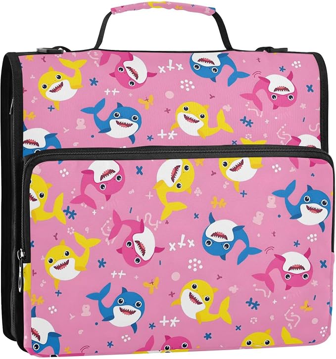 3 Ring Zipper Binder with Shoulder Strap Shark Cartoon Pink 2 Inch Zippered Binder Bag 500 Sheet Capacity Multi Pockets for School Supplies