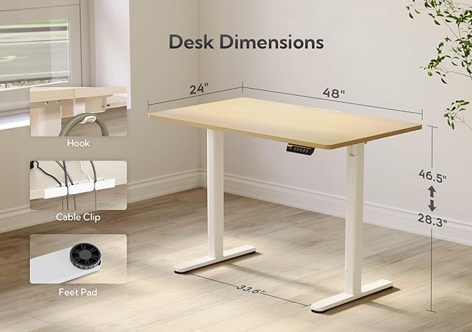 Claiks Electric Height Adjustable Standing Desk, 48x24 Inch, Nature | Smooth Height Adjustment, 3 Memory Presets, Cable Management Hub&Hook, Stable Steel Frame, 176lbs Capacity, Easy Assembly