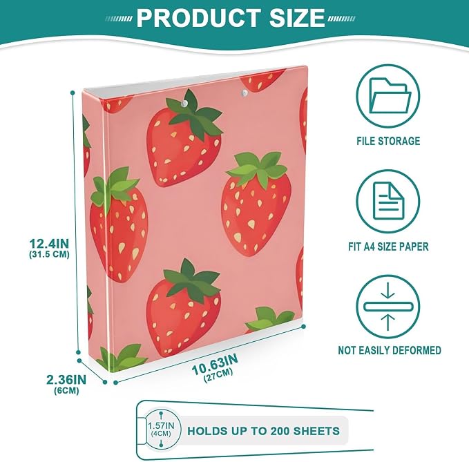 3 Ring Binder Strawberry Berry Red Fruit 1.5 inch Binders Three Ring Binders with Clipboard Fit 8.5'' x 11'' Paper 3 Interior PVC Clear Pockets for Office Supplies