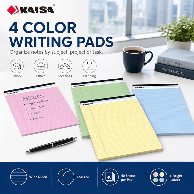 KAISA note pads Colored Legal Pad Writing Pads 8.5x11 inch, Wide Ruled, 40 Sheets/Pad, 20lb Colored Paper, Perforated Writing Pad with Sturdy Back (4 Pads), KSU-5972