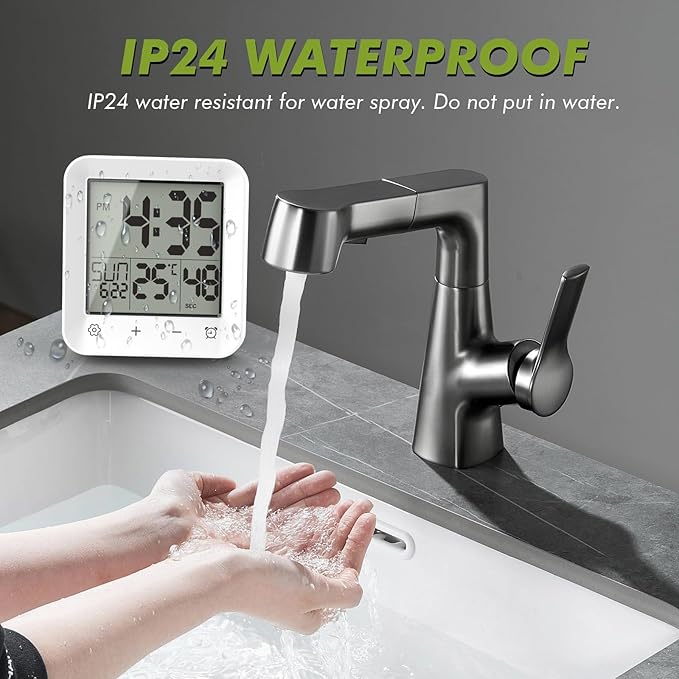 Wisoee Digital Shower Clock Waterproof, Bathroom Wall Clock Timer with Touch Screen, Temperature, LCD Display, Suction Cup Hanging Hole Stand for Kids and Adults
