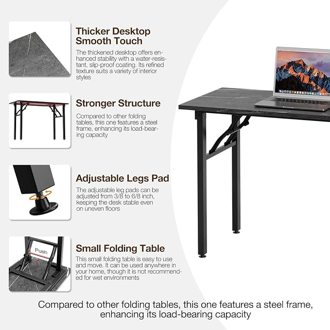 TEMI Small Computer Desk Folding Table - 43.3" Foldable Office Desk, No Assembly, Perfect for Small Spaces in Bedroom, or Apartment, Portable Mini Desk or Study Table Compact Design, Marble Greige