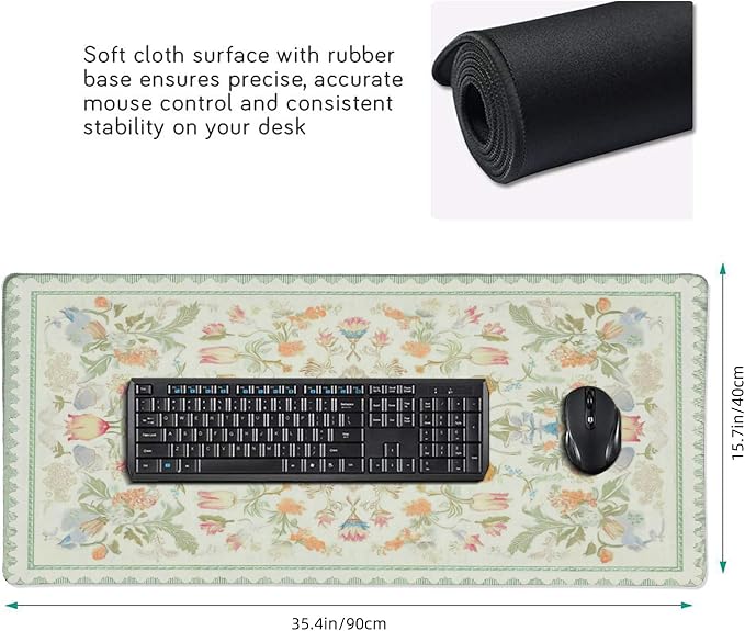 Sage Green Floral XXL Desk Mat - Cute Large Mouse Pad with Stitched Edges & Anti-Slip Base for Computer, Keyboard, Laptop | Aesthetic Office Supplies & Desk Decor for Women, Home, Office