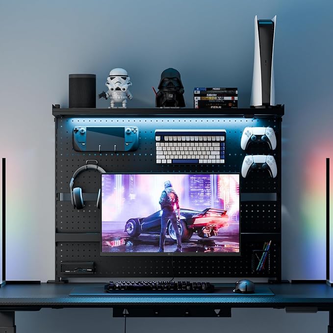 EUREKA ERGONOMIC Desk Pegboard Dual Monitor Stand 43x34 Black | Steel pegboard with dual monitor stands, privacy panel and 4 modular accessories for organized gaming and office setups