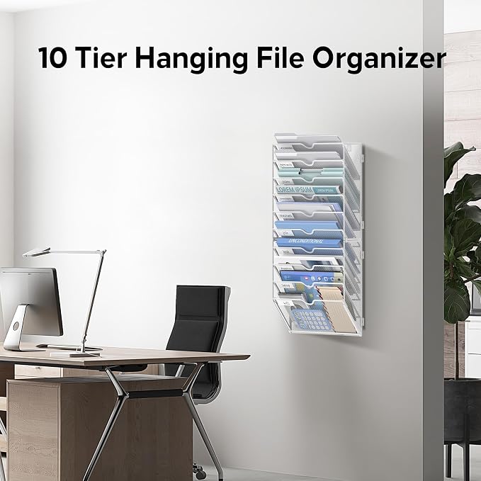 10-Tier Wall File Organizer and Hanging File Organizer, White | Wall Organizer and Wall Mounted File Holder with 14 Pockets and Label Panels for Files, Mail, Folders, Magazines and Paper