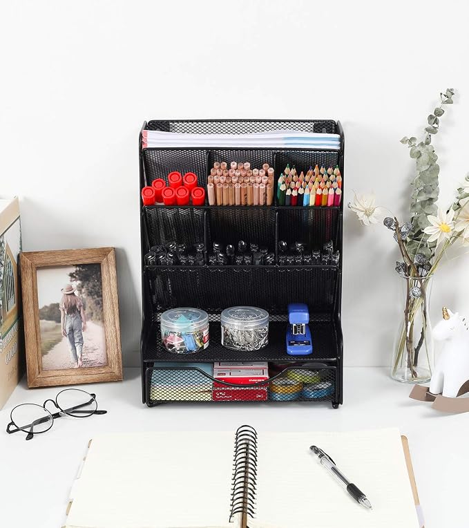 Desk Organizer with Drawer Office Supplies and Accessories Storage Caddy Hanging Wall Shelf Metal Mesh Pencil Holder for Kids, 9 Compartments, Black