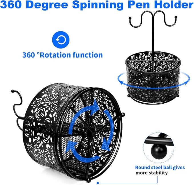 Pen Holder for Desk,360 Degree Rotating Pencil Holder Organizer | 4 Compartments,Large Capacity Pencil Holder for Desk,Metal Rust Prevention Pen Organizers(Pattern of Roses, With Hook)