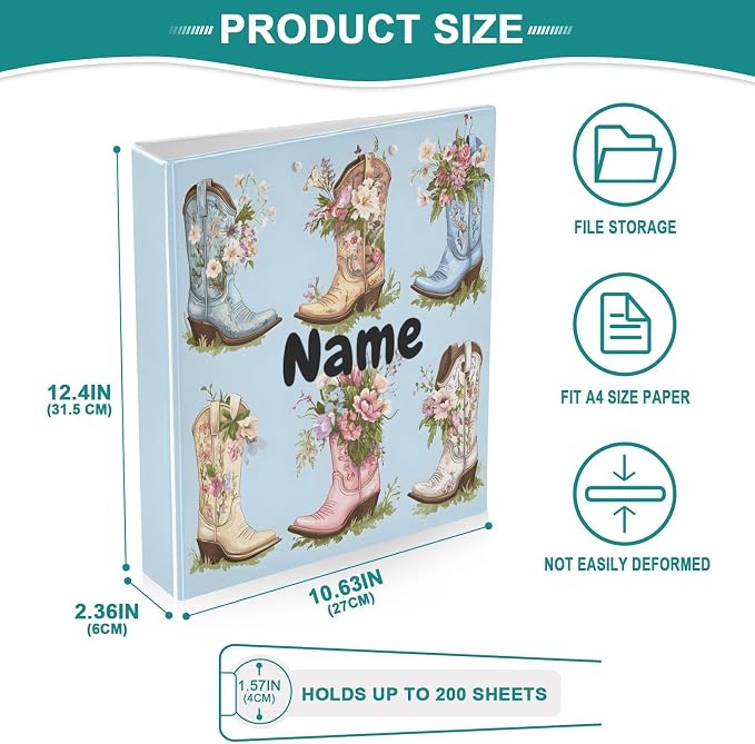Custom 3 Ring Binder Cowboy Boots Flowers 1.5" Round Ring Binders Personalized Name View Binder with 200 Sheet for Kids School Supplies Women Men Office, 1 Pack