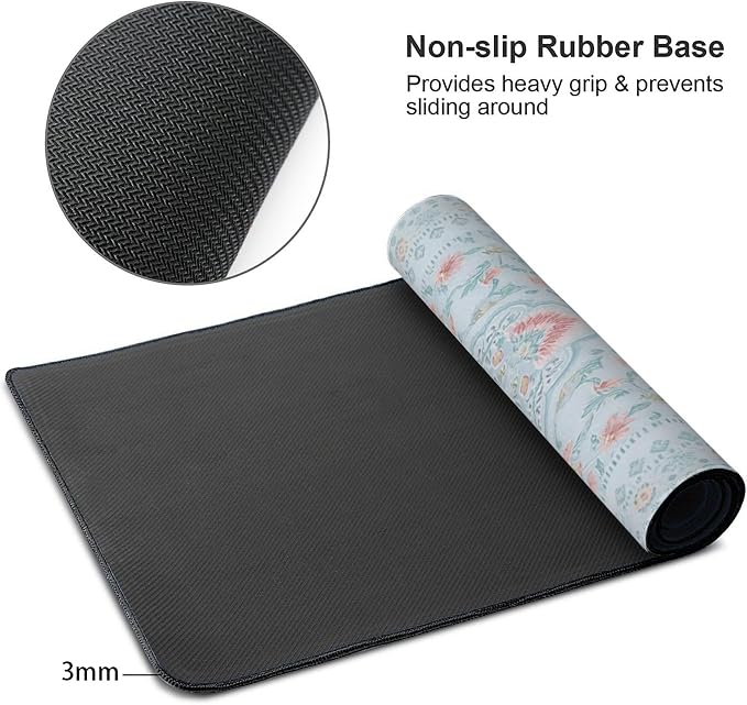 Giant Floral Desk Pad, Blue XXL Long Mouse Mat with Anti-Slip & Stitched Edge, Cute Office Decor for Women, Home Computer Workstation