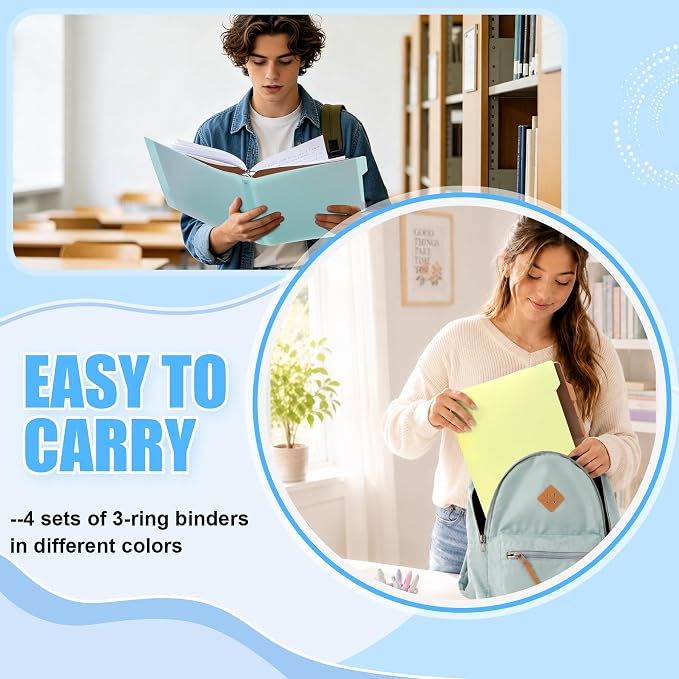 4 Pack 2 Inch 3 Ring Binder & 5 Tab Dividers with 2 Pockets | Fits 8.5x11" Letter Size, Holds 400 Sheets, Large Capacity Binder Organizer with Pockets, Refillable 3 Round Ring Binder
