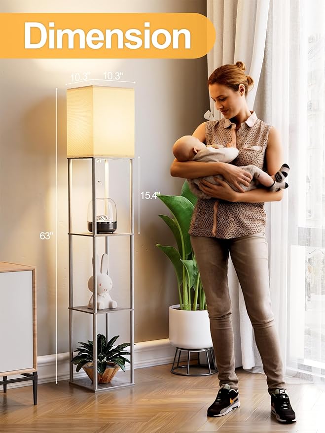 Floor Lamp with Shelves for Living Room 2 Pack Oak Gray, Shelf Floor Lamp with 3 CCT LED Bulb, Corner Display Standing Column Lamp Etagere Organizer Tower Nightstand with White Linen Shade for Bedroom