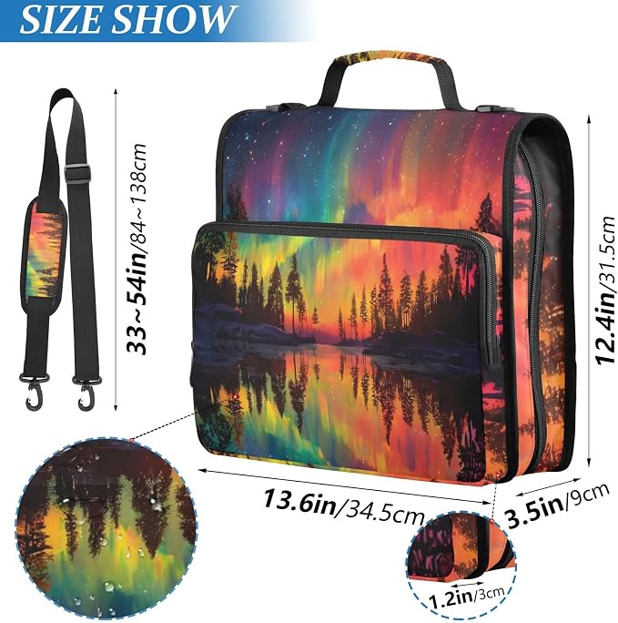 3 Ring Zipper Binder with Shoulder Strap Aurora Borealis Rainbow Tree 1.5 inch Binders Keeper Large Capacity Multi Pockets for School Office Supplies