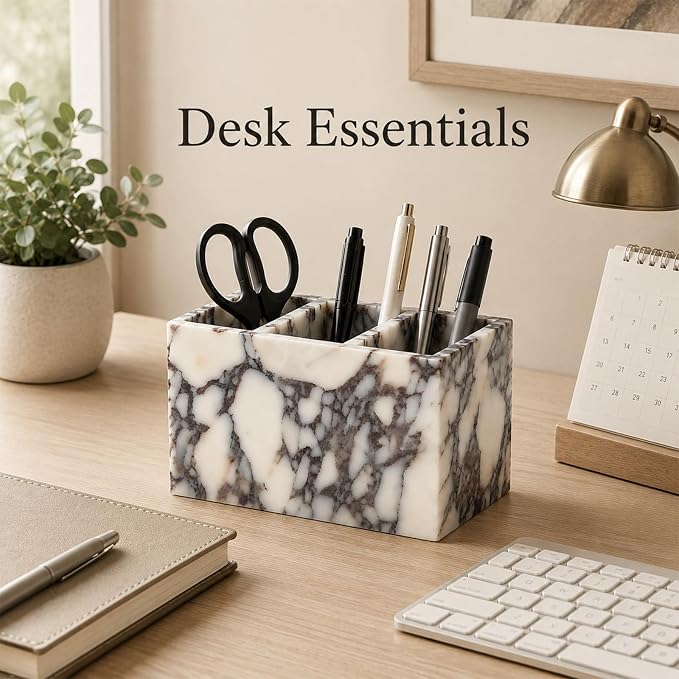 3-Compartment Natural Marble Desk Organizer, 5.91 in | 3-Compartment Natural Marble Organizer for Pens, Brushes and Small Items