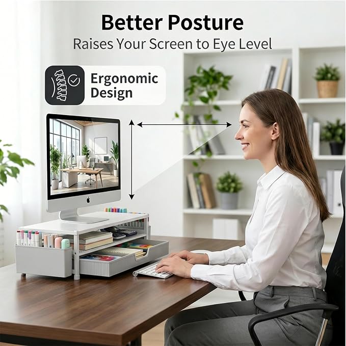 ECOLOVI Desk Organizer and Accessories, 2-Tier Computer Monitor Stand Rise with Storage Drawer & 2 Pen Holders, Laptop & Printer Stand for Desktop, Workspace Organizers for Office Supplies (White)