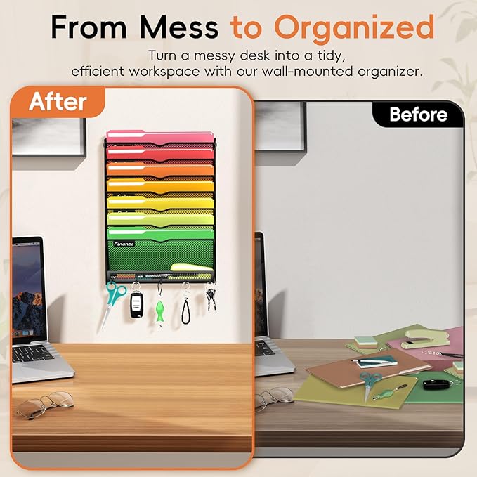 8-Tier Wall File Organizer with Hook, Hanging File Organizer Black | Wall-mounted mail storage holds papers, folders, files, clipboards and magazines, assembly required for office or home use.