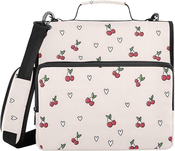 Cute Cherry Heart Pattern Zipper Binder 3 Ring with Handle and Shoulder Strap, 500 Sheet Binder Organizer Capacity & Multi-Pockets for School Office