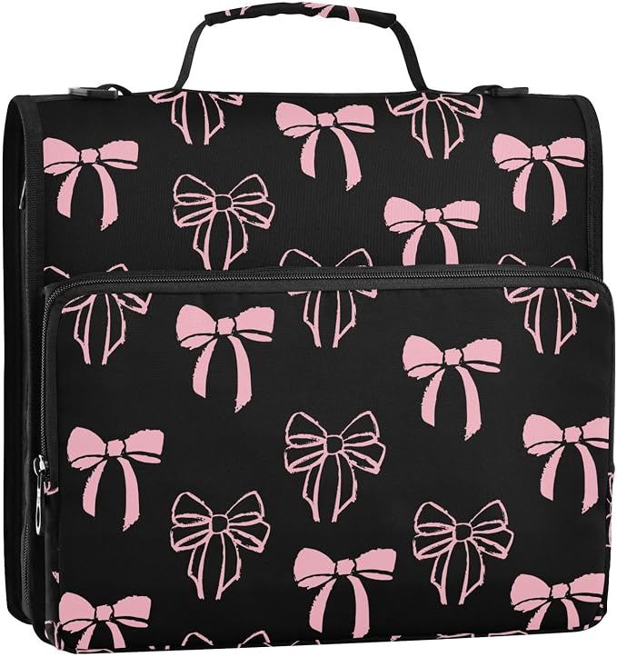Bow Knot Pink Black Zipper Binder with Shoulder Strap Bag 3 Ring Binder Organizer Large Capacity Multiple Compartments for School Office