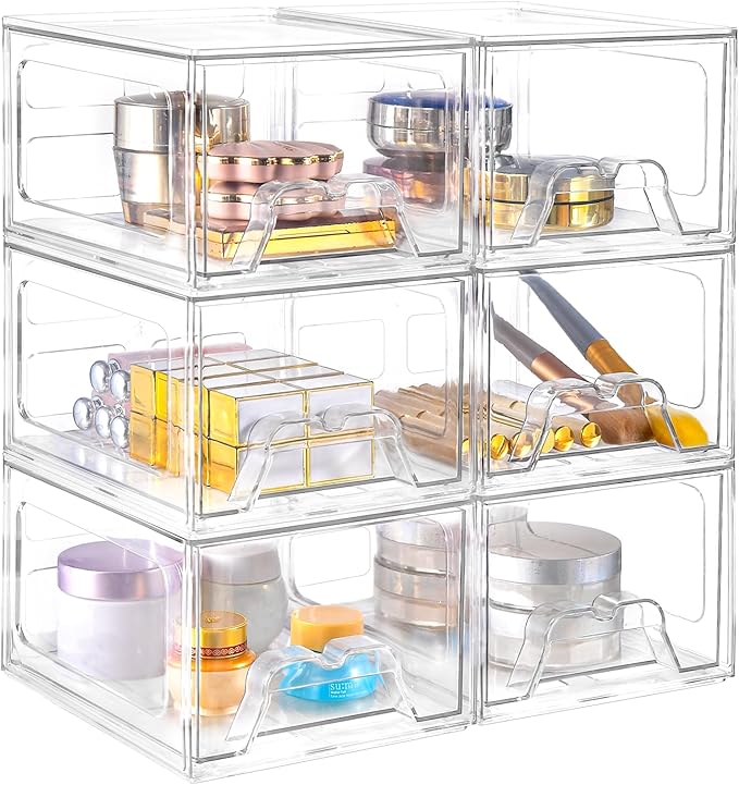 Stebopum 6 Pack Stackable Makeup Organizer, 4.4'' Tall Acrylic Bathroom Makeup Organizer and Storage Drawer with Pull-out Handle, Clear Plastic Storage Bins for Vanity,Pantry,Desk,Undersink,Kitchen