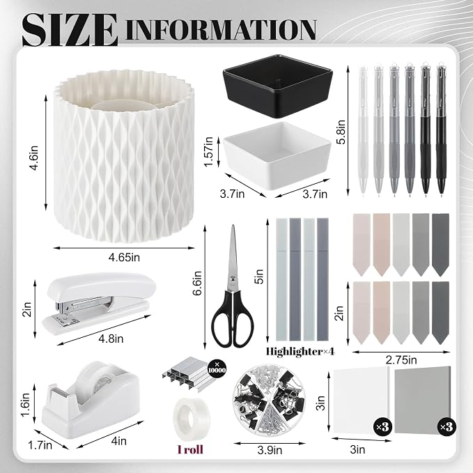 Kosiz 27 Pcs Black and White Desk Accessories Gift for Aesthetic Desk Organizer White Office Supplies Pen Holder Sticky Notes Stapler Binder/paper Clips Scissor Staple for Back to School(Classics)