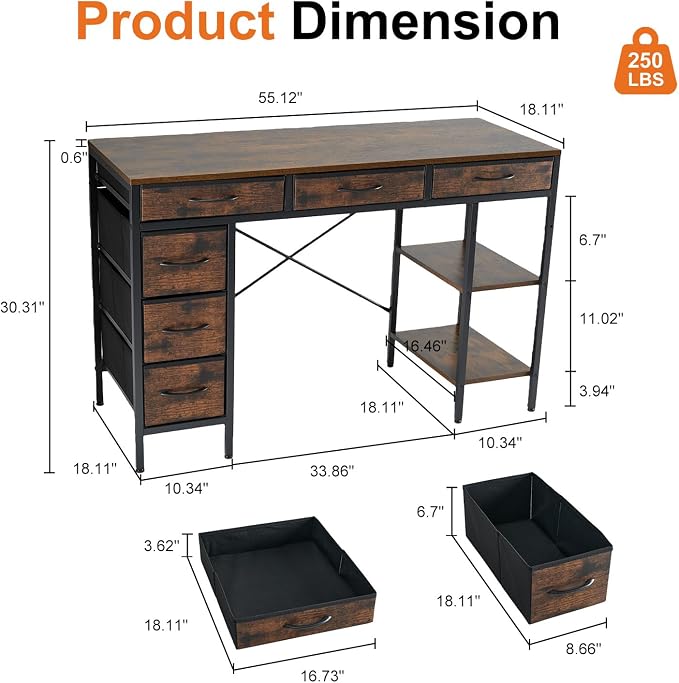 Simple Deluxe Computer Desk with 6 Drawers, 55 Inch Office Workstation with Storage Shelves, Reversible Corner Gaming Table, Home Office Study Desk with Fabric Organizer, Rustic Brown