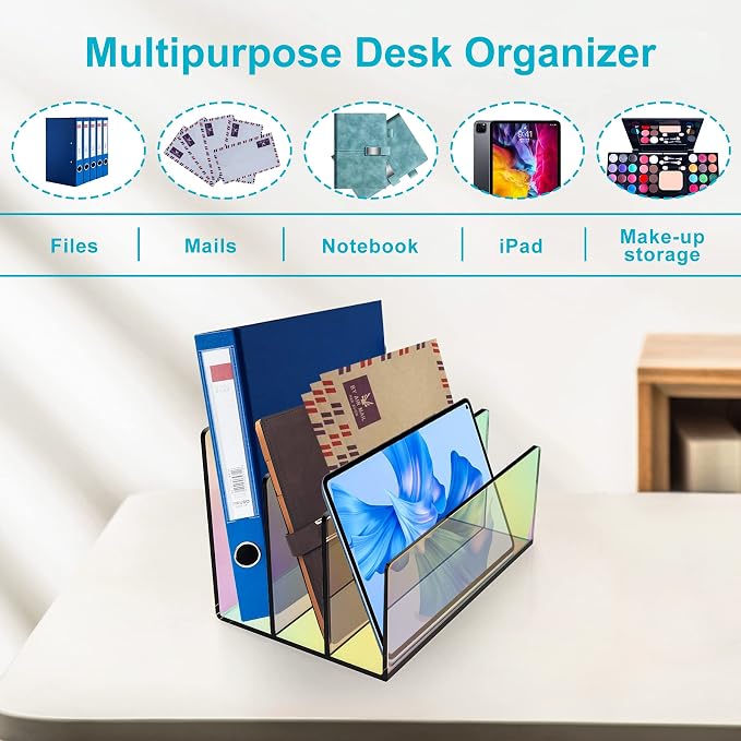 Boloyo Acrylic File Holder,1PC 3 Sections Rainbow File Organizer Mail Letter Sorter Desktop Folder Holder for Home Office School Envelope Bill Filling Paper Document