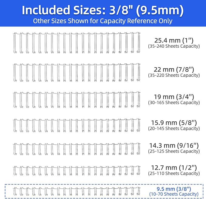Rayson Wire Binding Spines, 3/8" 2:1 Pitch, 21-Loop Silver, 100 Pack | Binds up to 70 sheets; 21-loop silver double-loop wires fit 2:1 pitch machines for Letter-size documents.