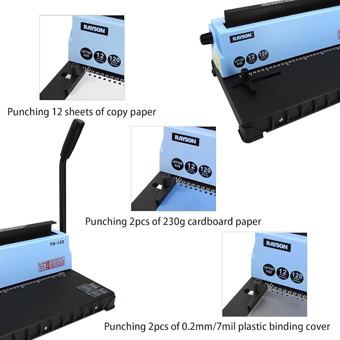 RAYSON TD-132 3:1 Wire Binding Machine, 12-Sheet Punch, 120-Sheet Capacity | 32-hole Letter-size punching with 2.5, 3.5, and 4.5 mm margins; binding capacity varies by margin and paper thickness.