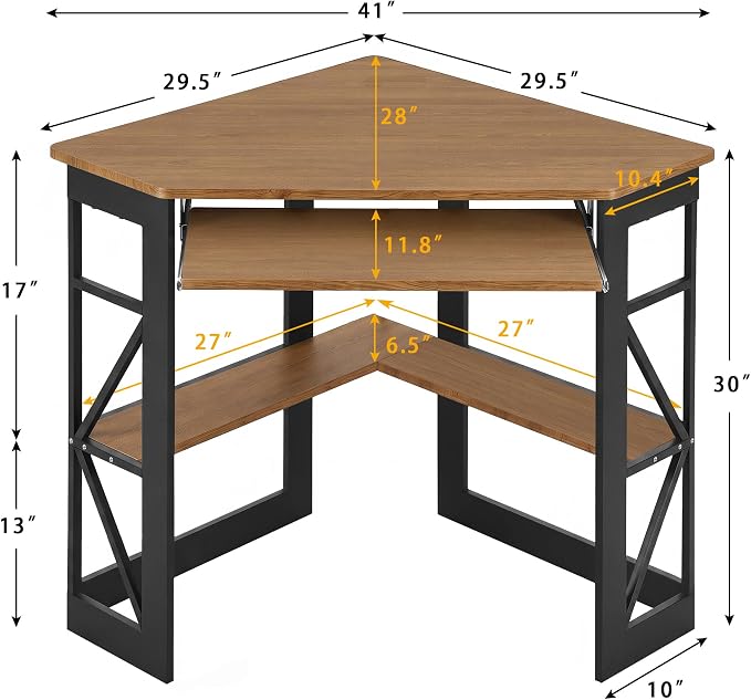 VECELO Corner Desk Computer Desk Writing Table with Smooth Keyboard Tray & Storage Shelves,Compact Home Office Triangle Table,Rustic Brown