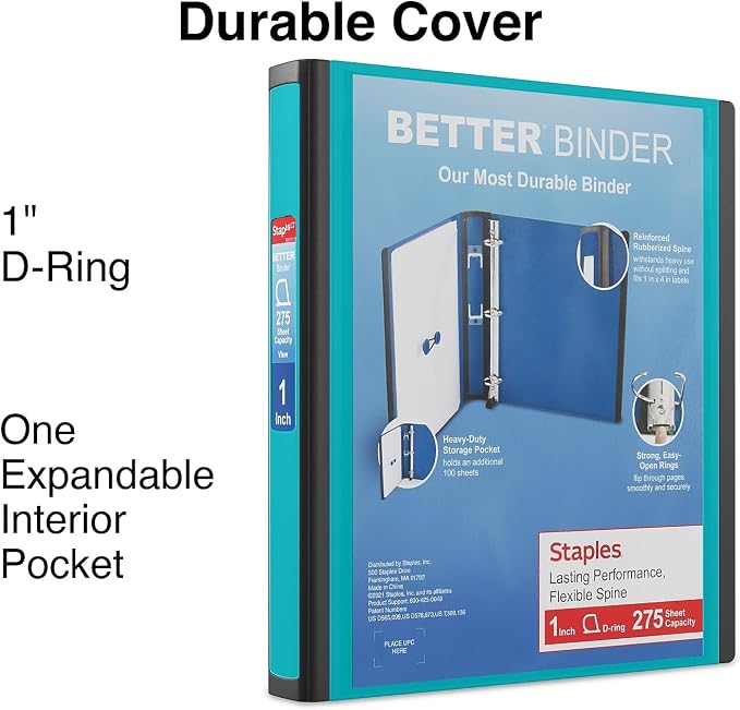 Staples Better Binder, 1-Inch 3-Ring View, Teal, 3-Pack | Durable binder for everyday organization in office, school, and home.