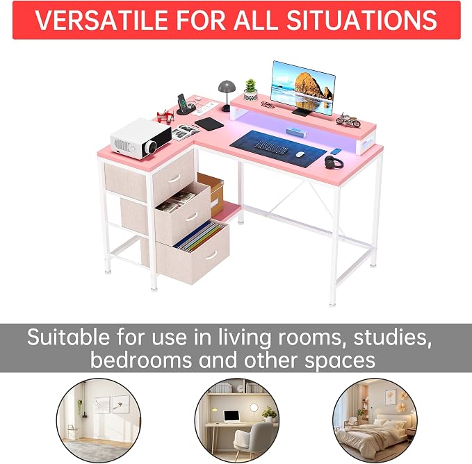 Hetoy L-Shaped Gaming Desk with Power Outlets, Corner Desk with Drawers, Shelves & LED Lights, Computer Desk for Home & Office