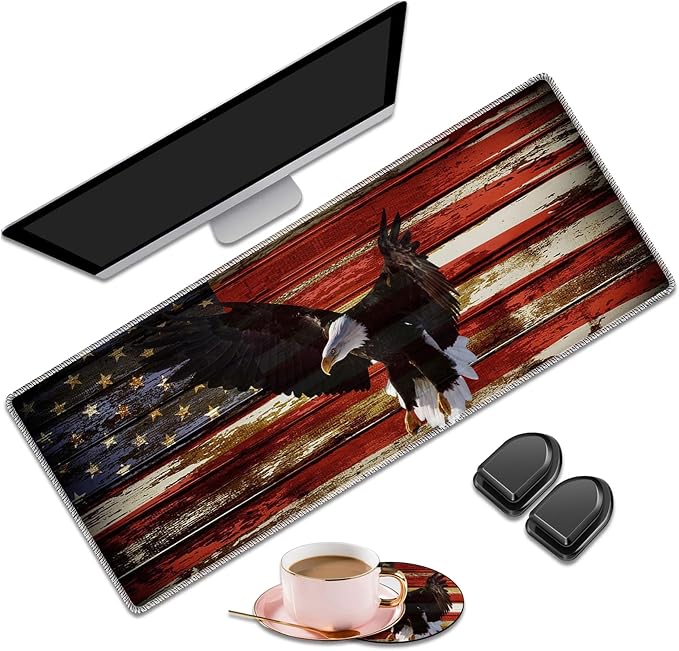 Desk mat Personality Pattern Large Protective Mat, Smooth Surface Soft Mousepad, Waterproof Non-Slip Desk Mat, 31.5x11.8 in Sewn Edge Office/Home Desk Mat, American Flag Art Bald Eagle