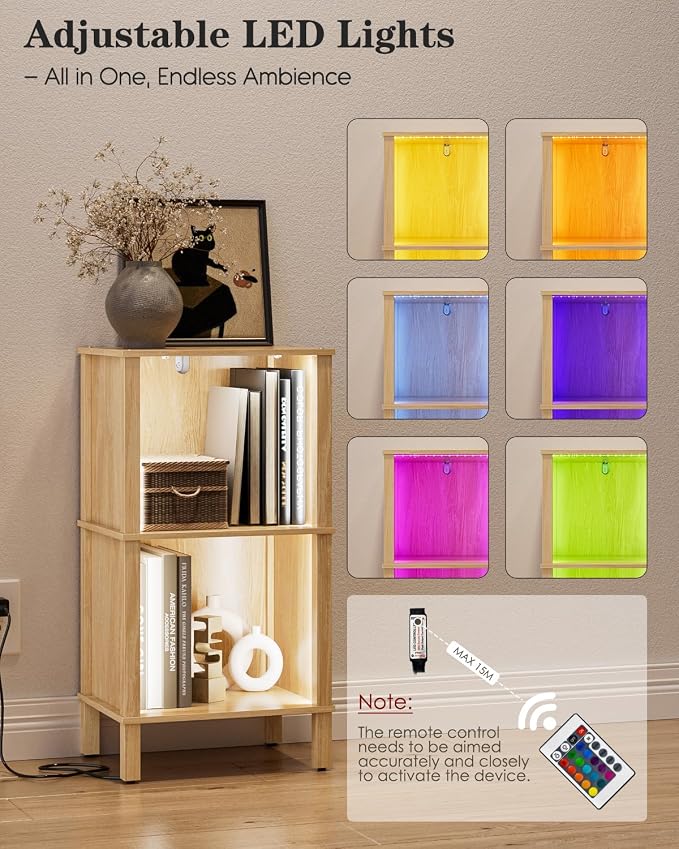 Bookshelf with LED Lights, Modern 2-Tier Bookcase, Open Storage Book Shelf, 11 × 14.2 × 27.4 Inches, Small Narrow Bookshelves for Living Room, Home Office, Bedroom, Natural