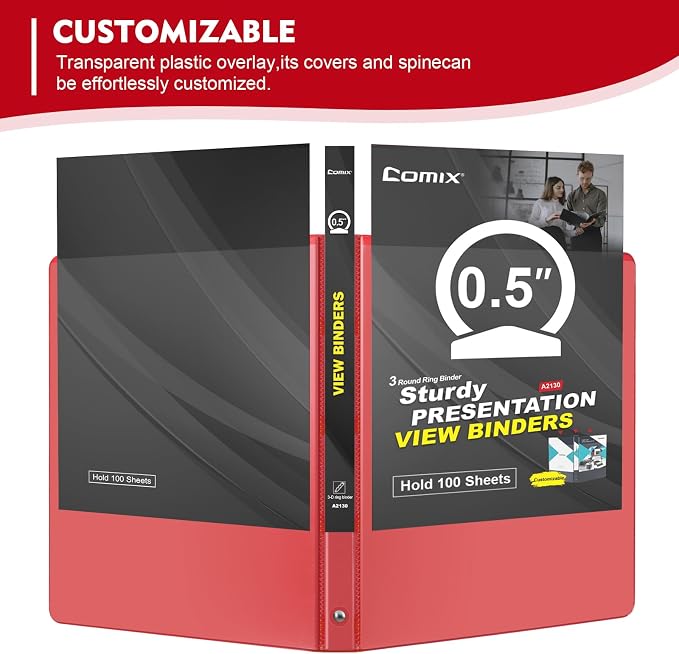 COMIX Sturdy 0.5 Inch 3 Ring Binder with Clear View Cover | 0.5"Heavy Duty Round Ring,PVC-Free Board,Holds 100 Letter Sheets,Wholesale for Offices & Classrooms,6 Pack (Red)