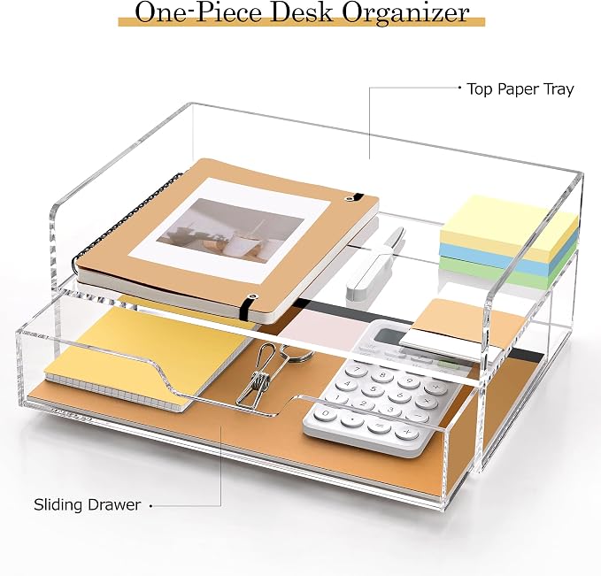 SANRUI 2-Tier File Organizer with 1Drawer, Acrylic Stackable Letter Tray | Desk Drawer Organizer with Paper Tray, Versatile Clear Acrylic Organization for Office Supplies, Home & School Organization