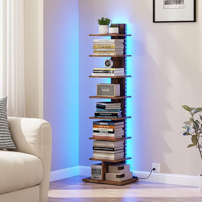 TUTOTAK Book Shelf, Narrow Spine Bookshelf, 8-Tier Bookcase with LED Lights | 10.4 x 13.4 x 47.5 Inches Vertical Freestanding Corner Shelf for Living Room, Office, Small Space, Brown BS06BB008L