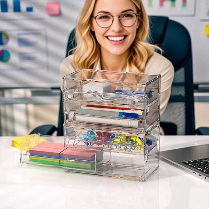 Acrylic Stackable Drawer Storage Organizer: Slim Desk Mini Drawers | transparent Plastic deep desktop makeup clear compartment holder countertop