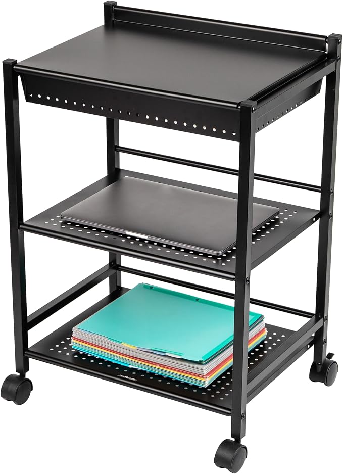 Mind Reader Cart with Covered Compartment, Office Organizer, Storage, 3-Tier, Office, Metal, 20" L x 14.25" W x 28.75" H, Black