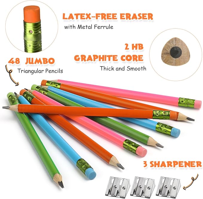 Fainne 48 Pcs Large Pencils 3 Sharpeners,Multicolor,Triangle,Fat Pencils