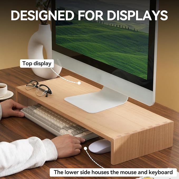 KIRIGEN Wood Monitor Stand Riser for Desk, 23.2 Inch, Natural 59-NA | Desktop Workspace Platforms Stand Fully Assembled for Monitors, Laptops, Small TVs, or Printers
