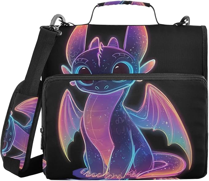 3 D-Ring Zipper Binder Bag, Cute Purple Glowing Dragon Removable Binder with Zipper Case Hold 300+ Sheets& 13 Inch Laptop for School Office Supplies Organizer