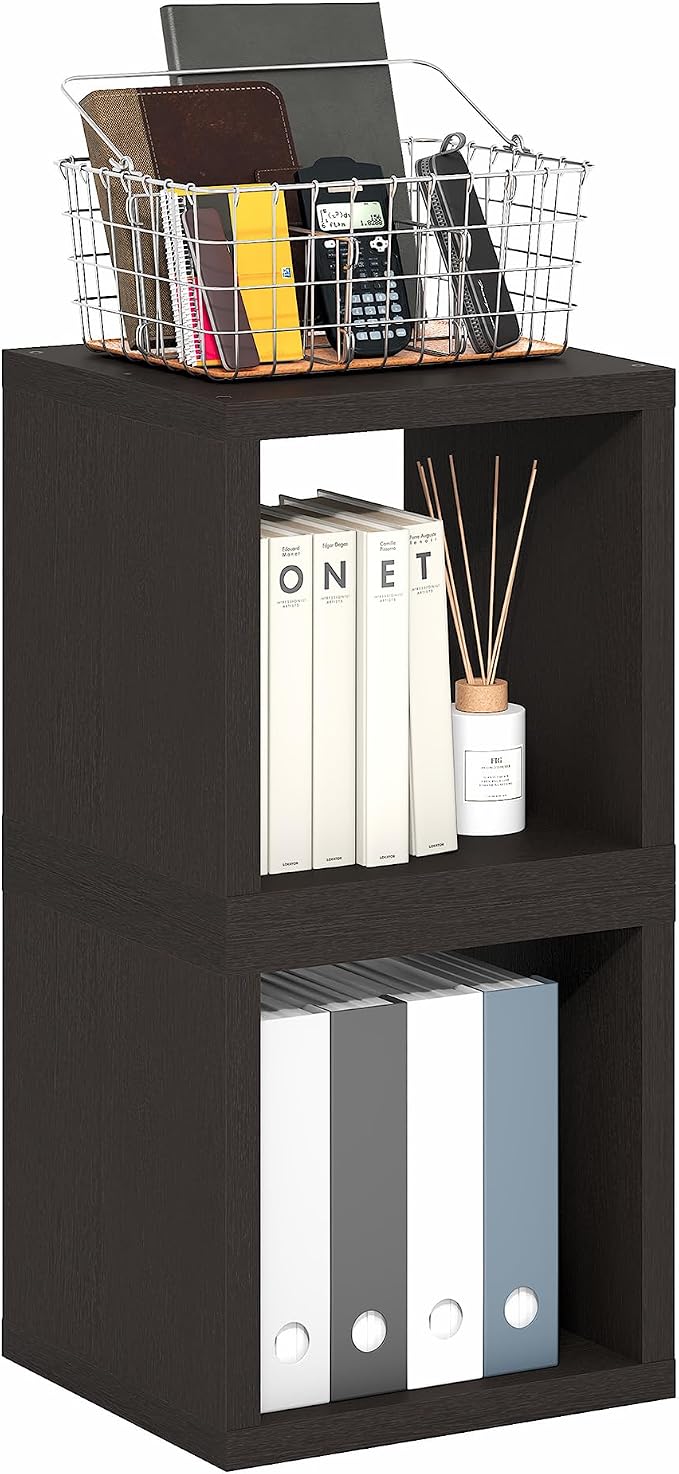 Furinno Cubicle Set of 2 Book Shelf, Stackable Bookshelf, Dark Oak | Cube Storage Organizer, Bookcase with Open Back, Extra Thick, 15.8 x 15.8 x 14.6, for Living Room, Bedroom, Home Office