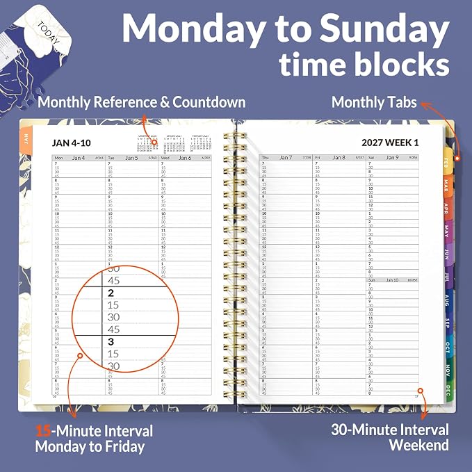 SUNEE 2027 Appointment Book, Quarter-Hourly, Weekly Monthly Planner, 6" x 8.3",Vintage