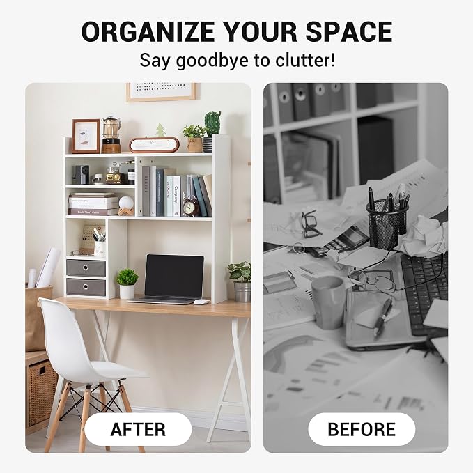 deli Desktop Bookshelf, High-Capacity Desk Hutch Organizer, White | with 7 Shelves and 2 Drawers for Computer Desk, Desk Shelf Organizer for Dorm Office Home